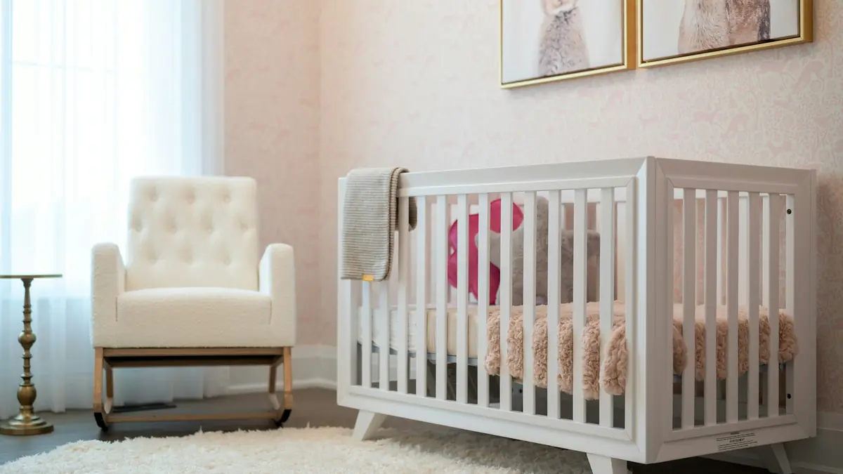 A cozy nursery with a white crib and armchair